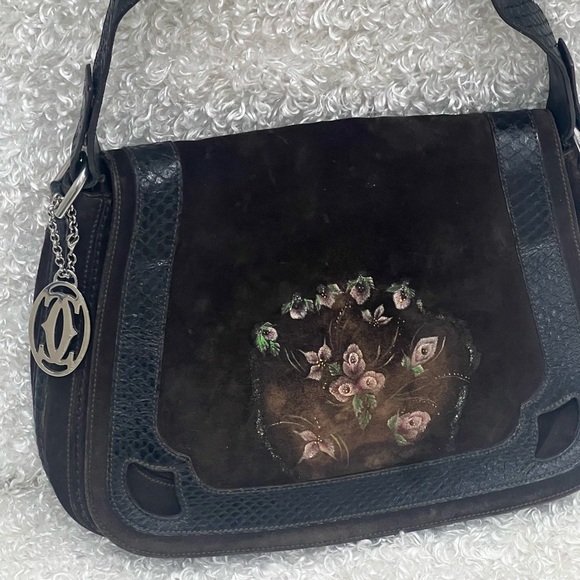 Cartier Dark Brown Suede and Python Marcello de Cartier Saddle Bag - Picture 2 of 12